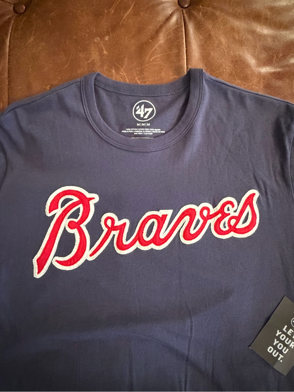 BNWT '47 Men’s sz med embroidered Atlanta Braves navy & red tee. A on sleeve.
